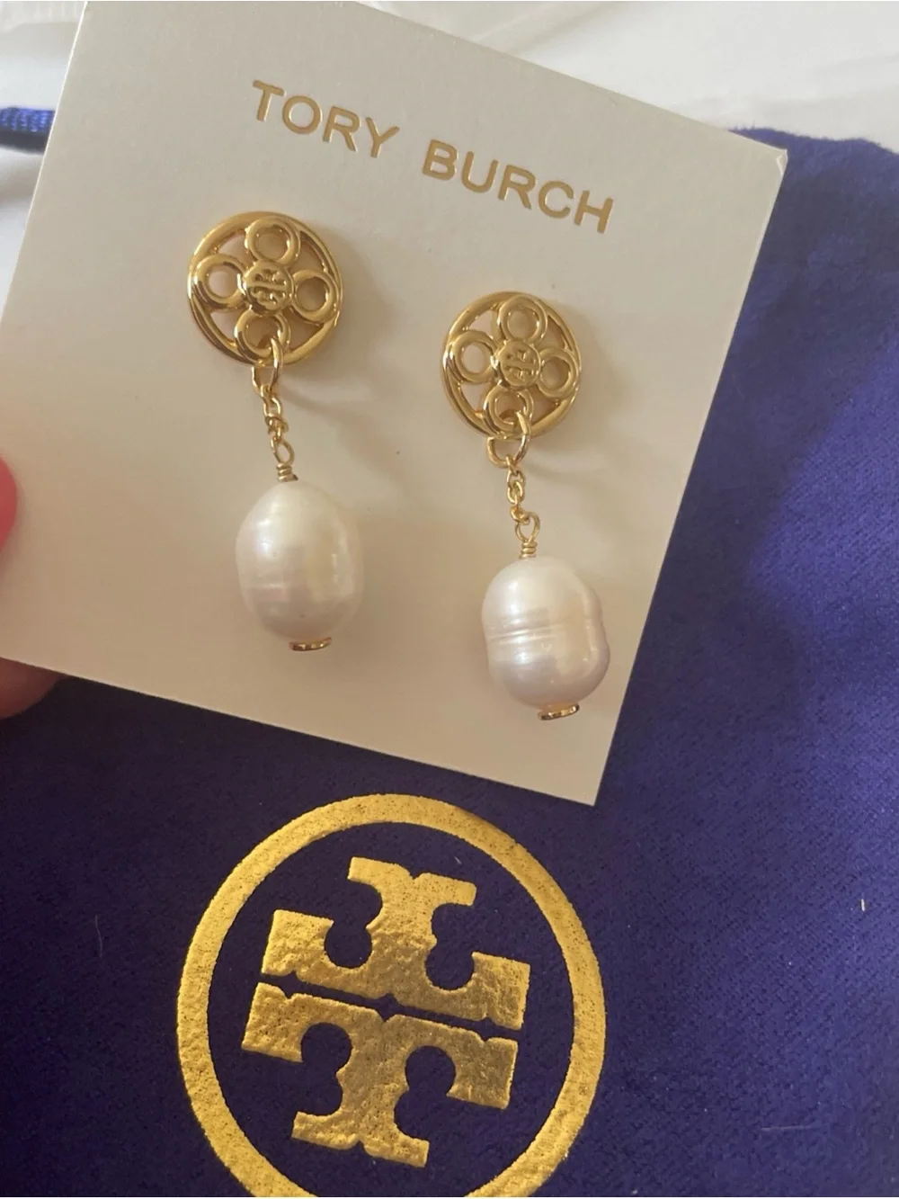 Tory Burch Gold Logo Drop Earrings with Cream Pearl